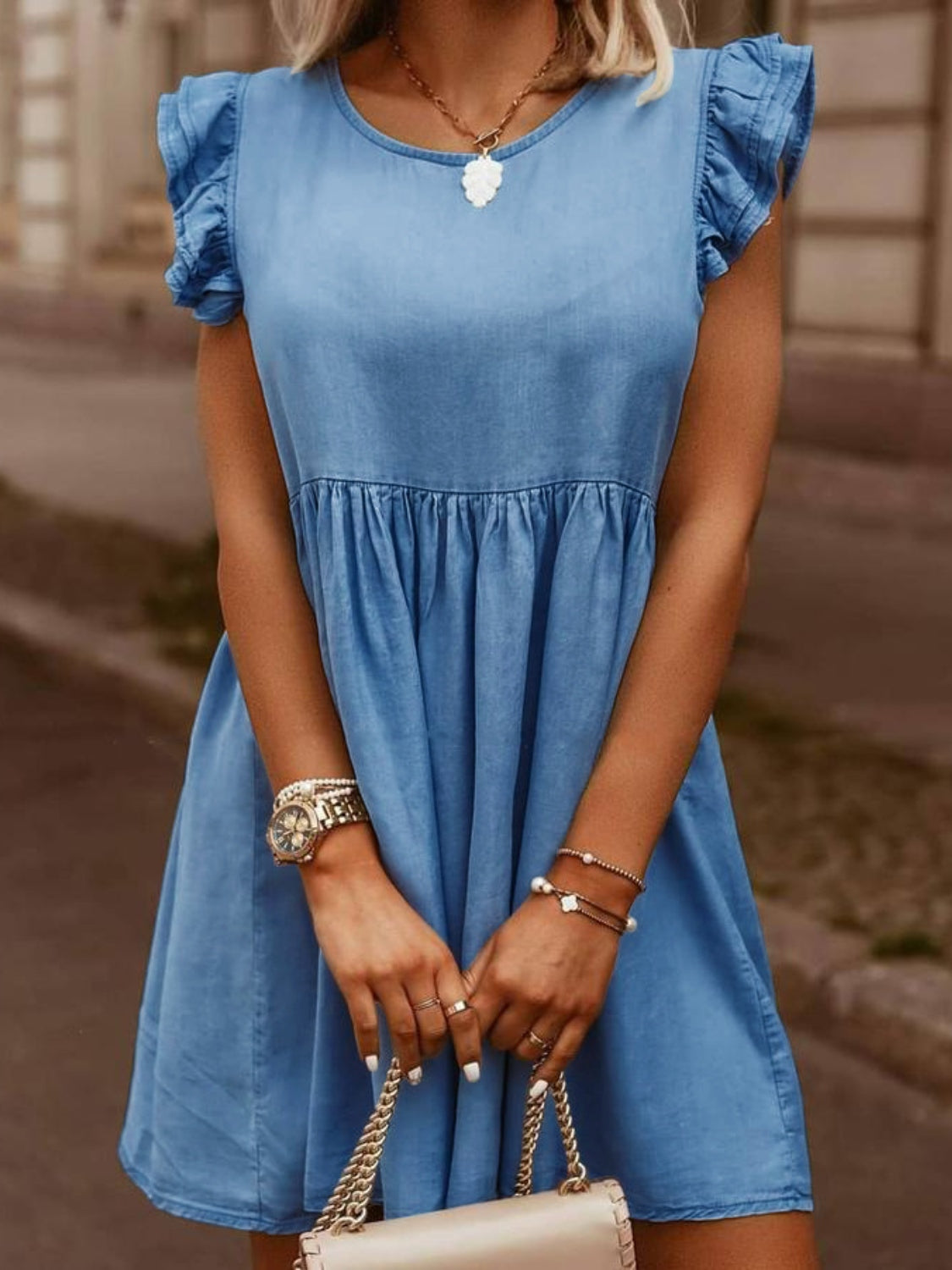 Full Size Ruffled Round Neck Cap Sleeve Denim Dress – product image 4