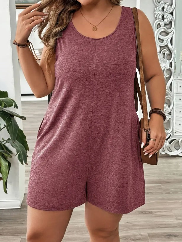 Solid-color Sleeveless Jumpsuit Casual Pocketed Crew-neck Romper