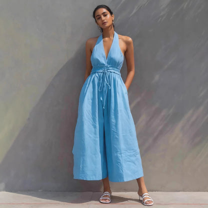 Womens New Arrival Linen Resort-Style V-Neck Lace-Up Jumpsuit