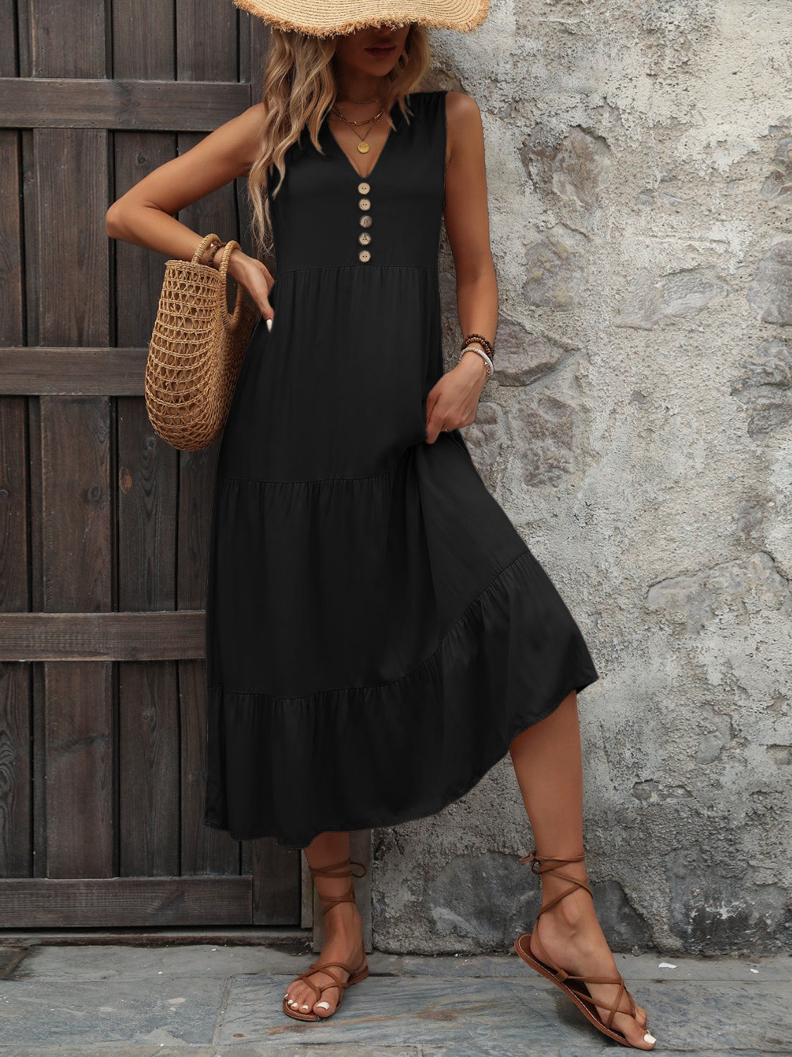 Decorative Button Notched Sleeveless Dress – product image 10