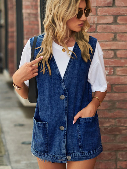 Full Size V-Neck Button Up Denim Vest – product image 1