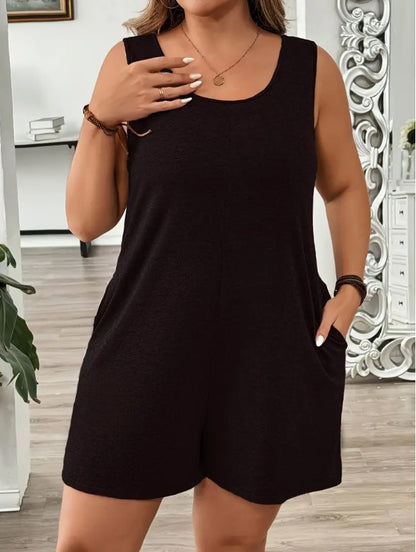Solid-color Sleeveless Jumpsuit Casual Pocketed Crew-neck Romper