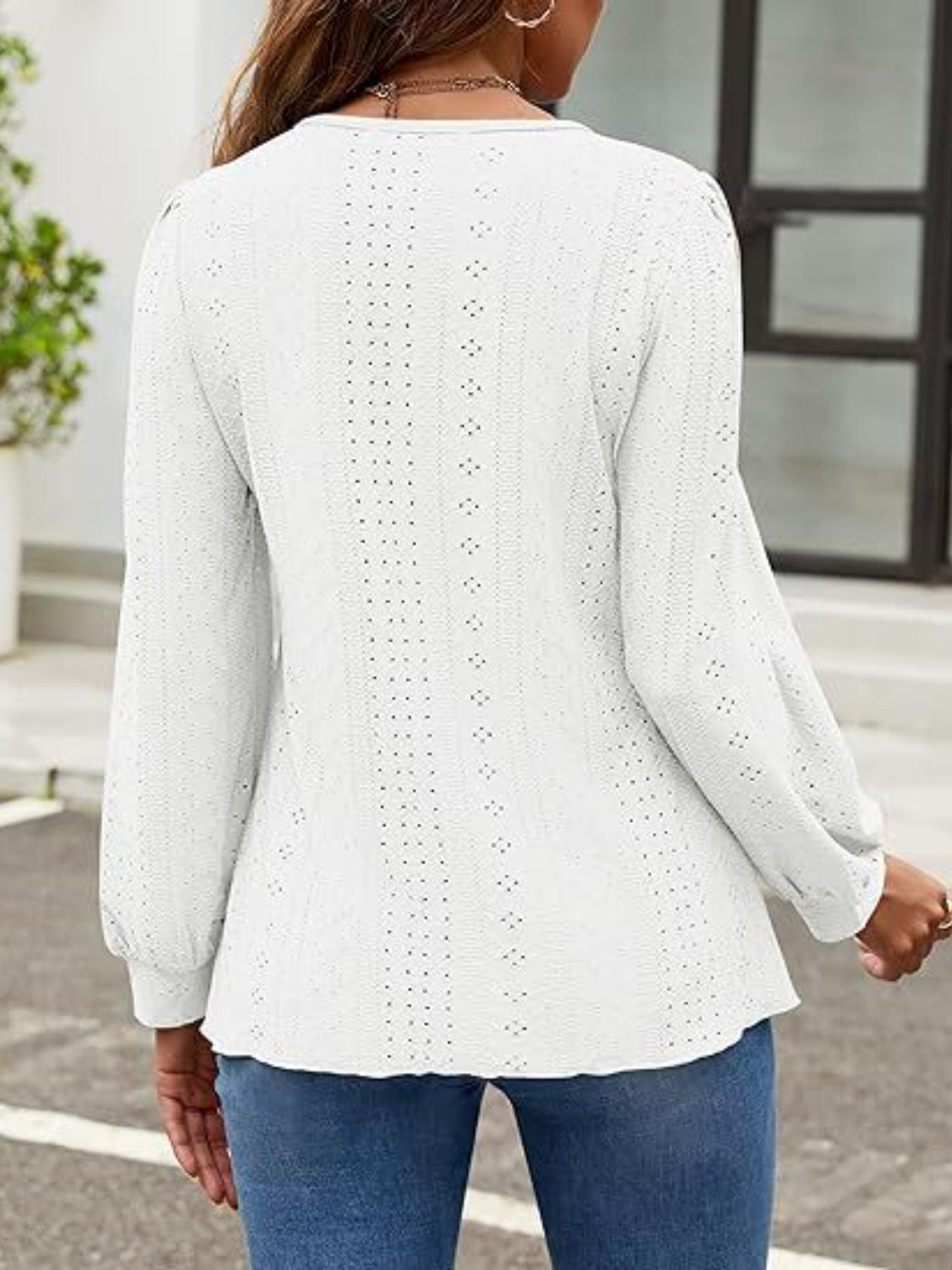 Eyelet Round Neck Long Sleeve Top – product image 8