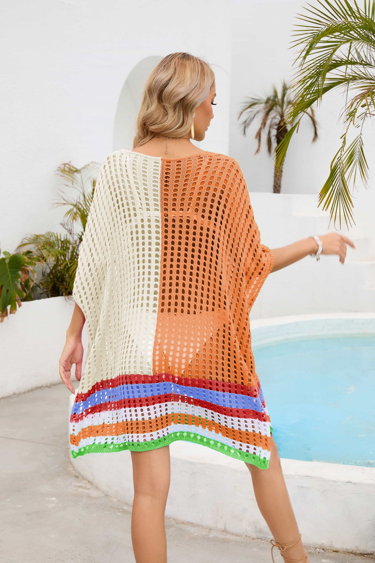 Contrast Scoop Neck Openwork Half Sleeve Cover Up – product image 9