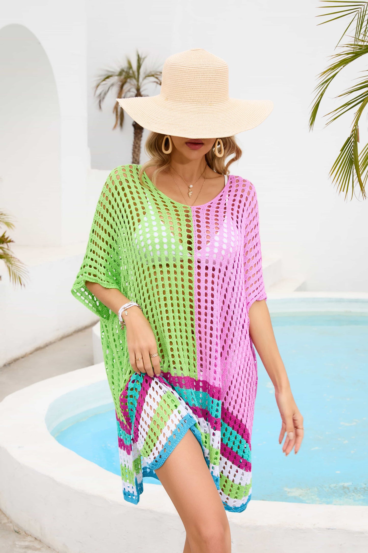 Contrast Scoop Neck Openwork Half Sleeve Cover Up – product image 3