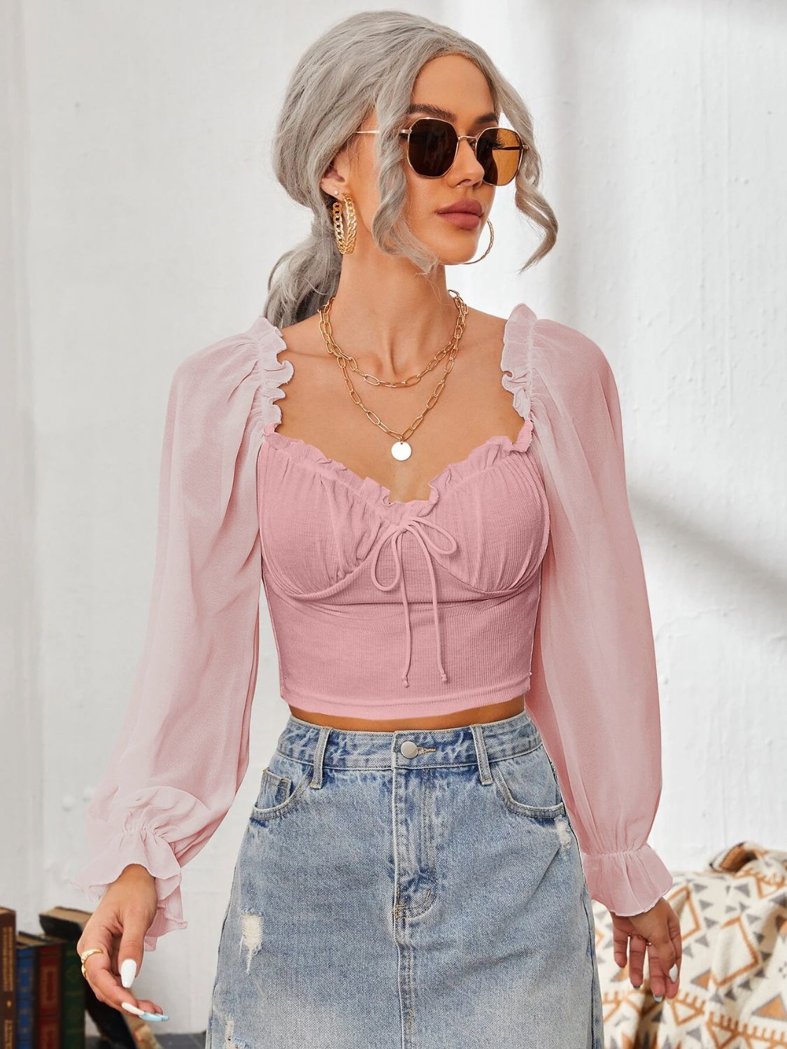 Mesh Sweetheart Neck Flounce Sleeve Top – product image 13