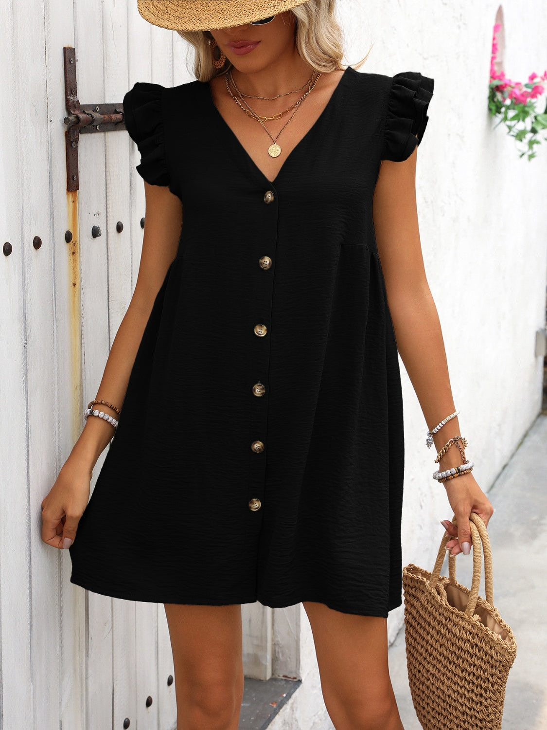 Button Up V-Neck Cap Sleeve Mini Dress – product image 8