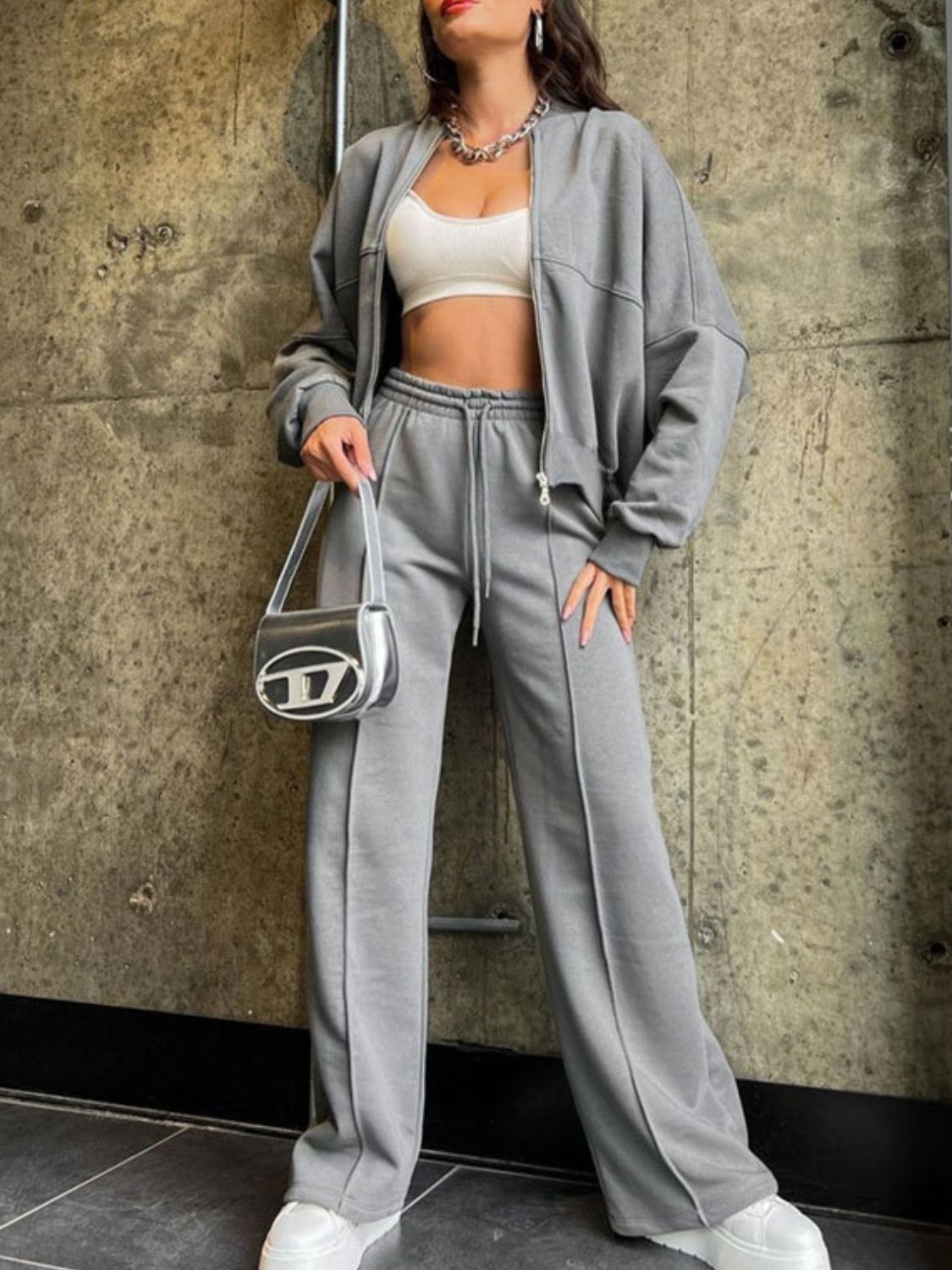 Baseball Collar Zip Up Top and Drawstring Paants Set – product image 1
