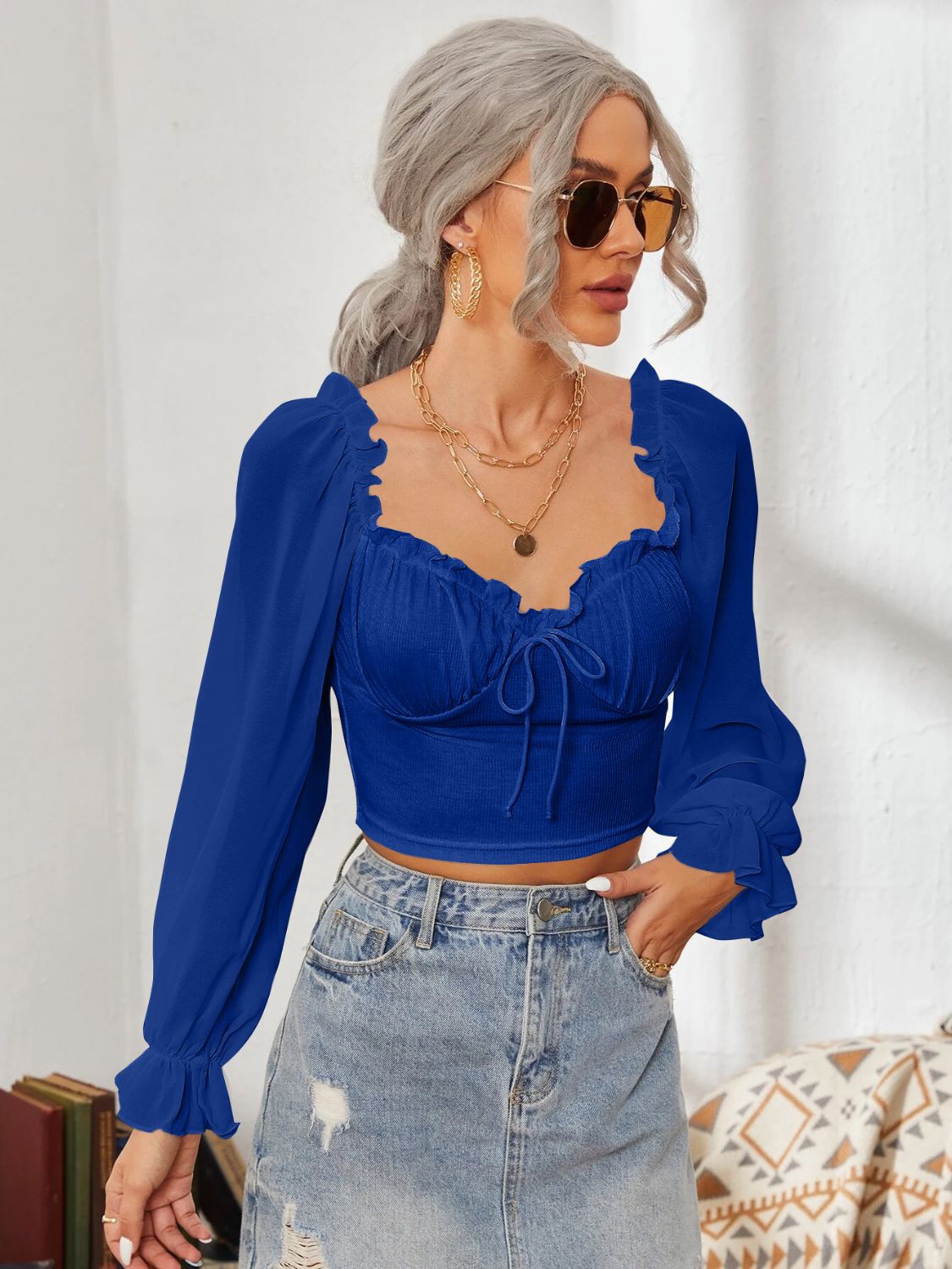 Mesh Sweetheart Neck Flounce Sleeve Top – product image 9