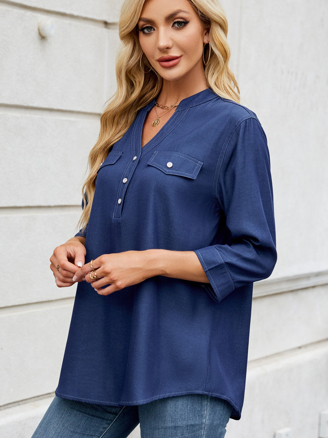 Notched Three-Quarter Sleeve Denim Top – product image 10