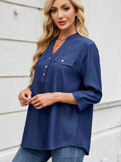 Notched Three-Quarter Sleeve Denim Top – product image 10