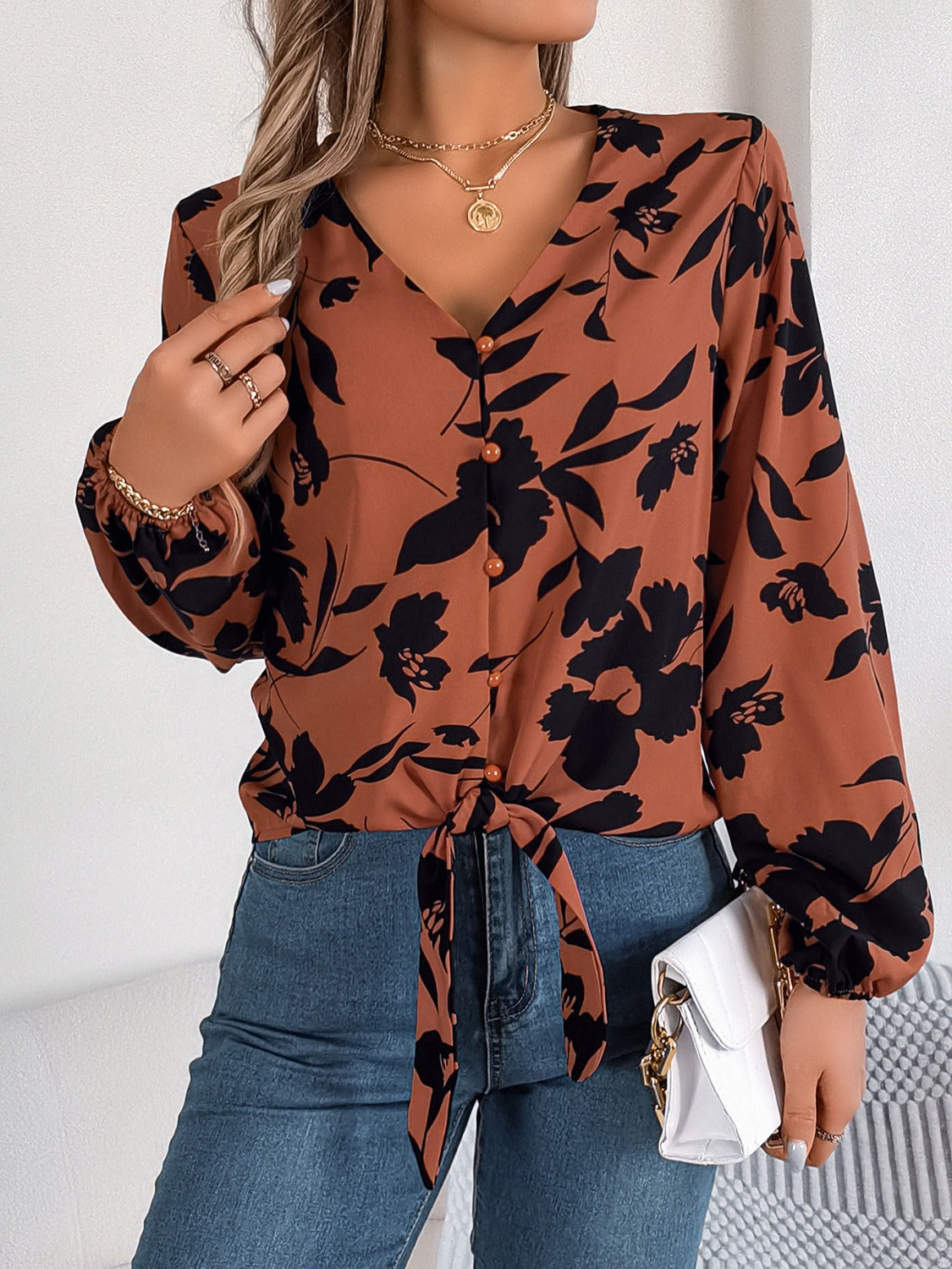 Printed V-Neck Long Sleeve Blouse – product image 11