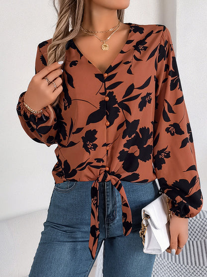 Printed V-Neck Long Sleeve Blouse – product image 11