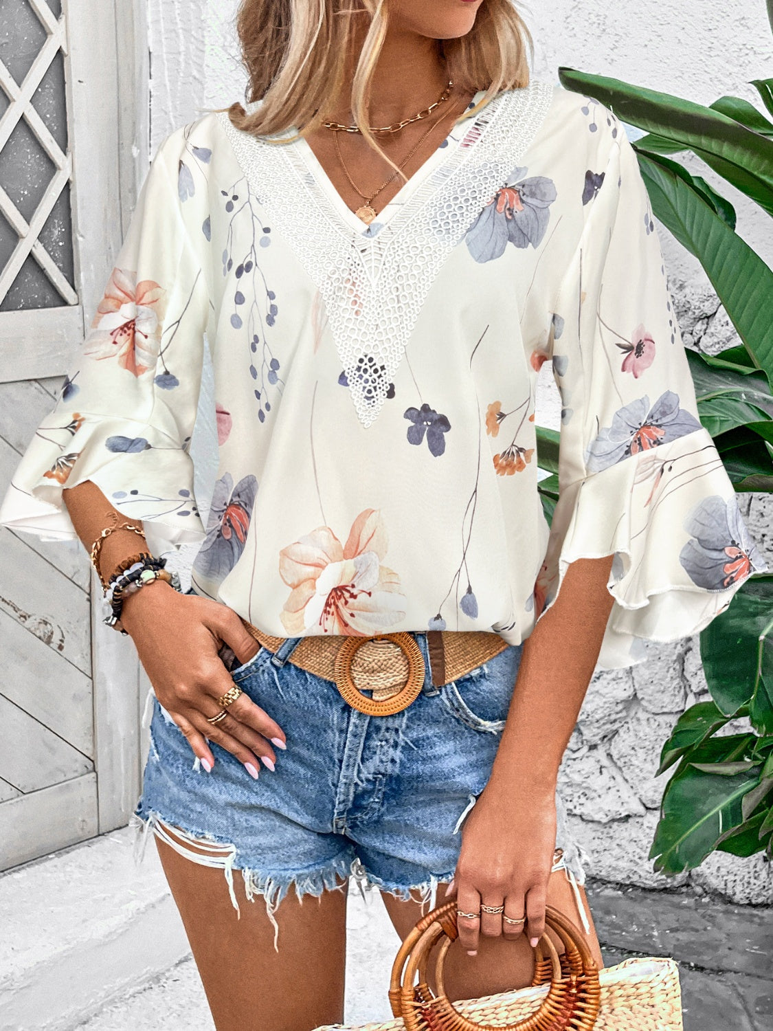 Ruffled Printed V-Neck Half Sleeve Blouse – product image 12