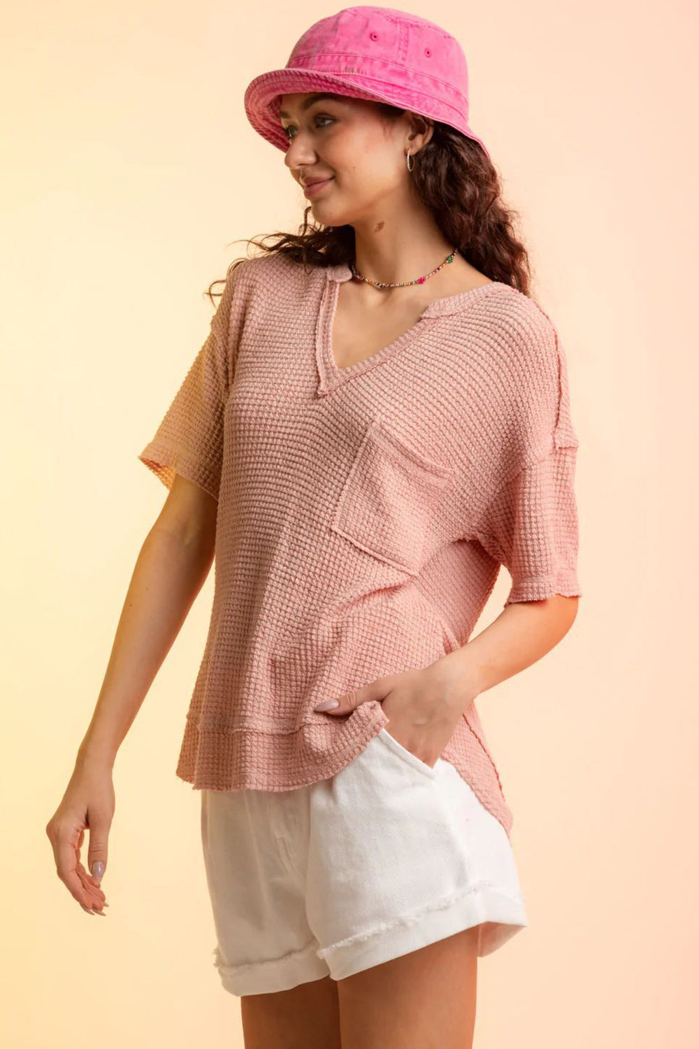 Waffle-Knit Notched Half Sleeve T-Shirt – product image 6