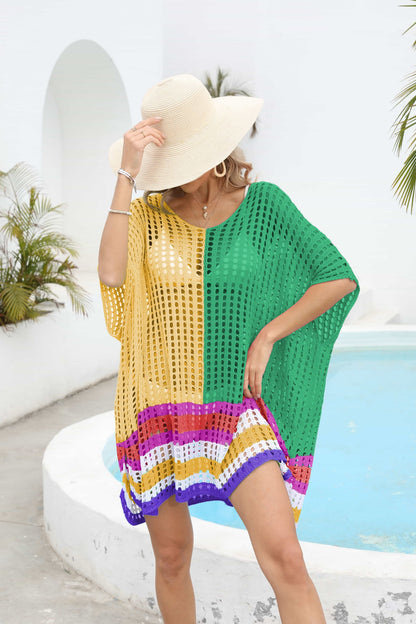 Contrast Scoop Neck Openwork Half Sleeve Cover Up – product image 11