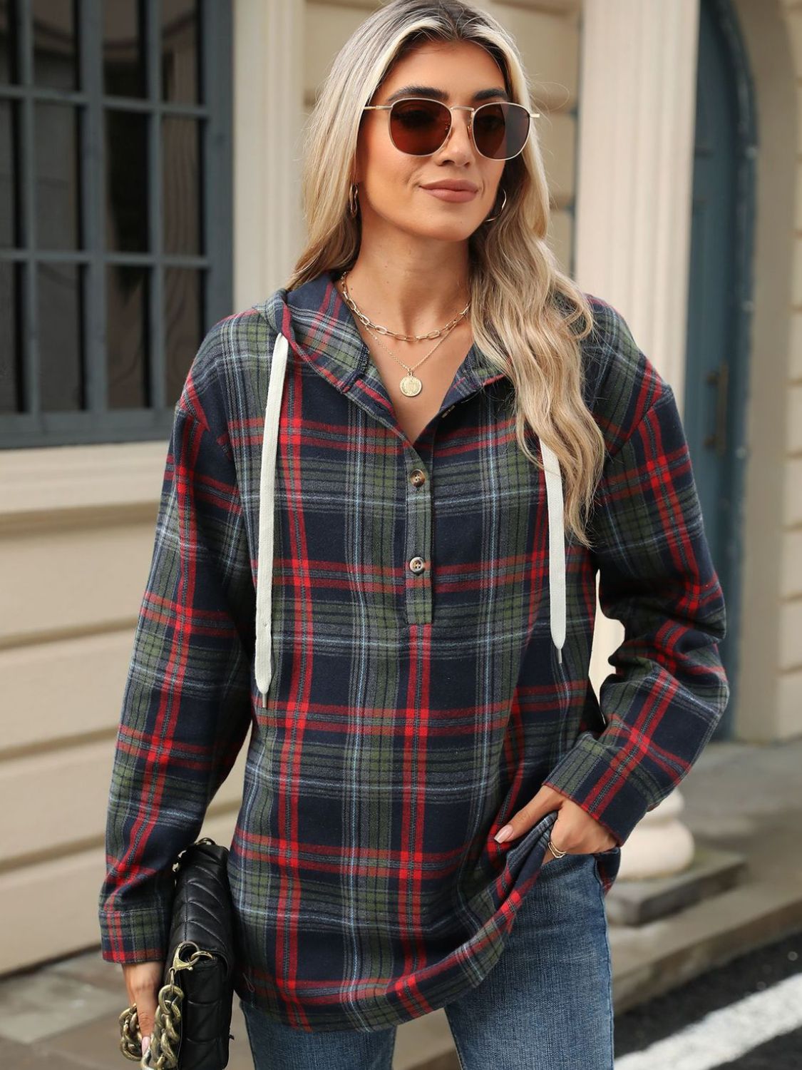 Drawstring Plaid Hooded Long Sleeve Top – product image 9