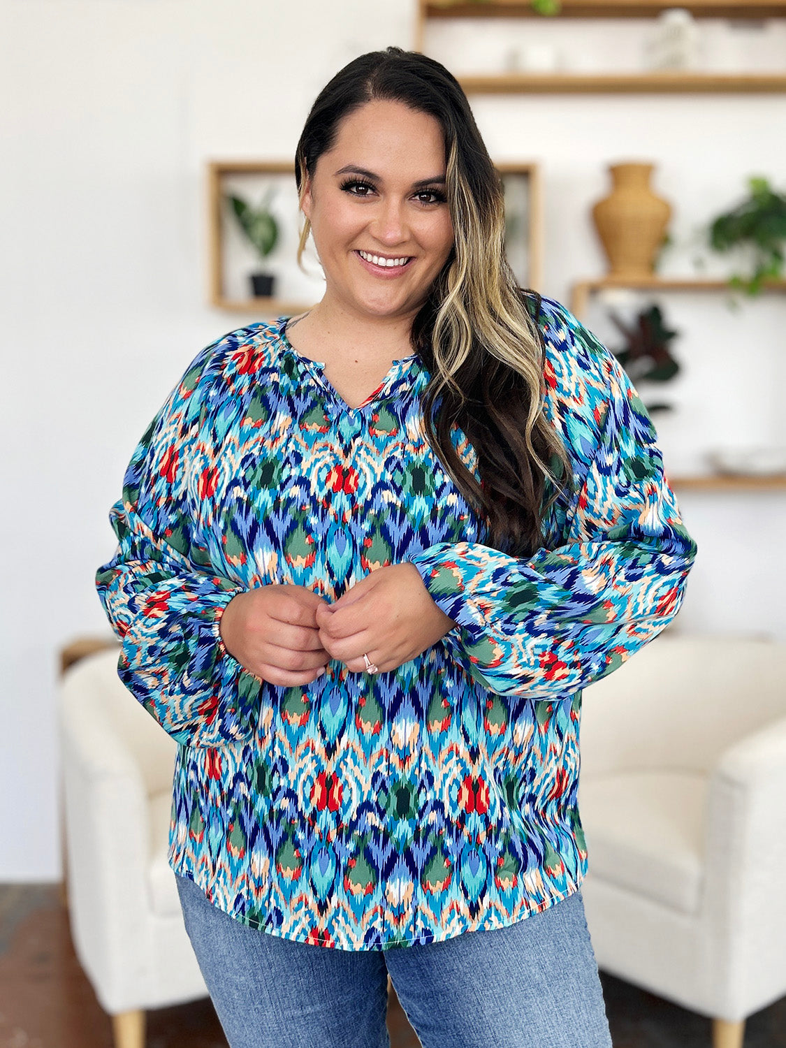 Double Take Full Size Printed Balloon Sleeve Blouse – product image 7