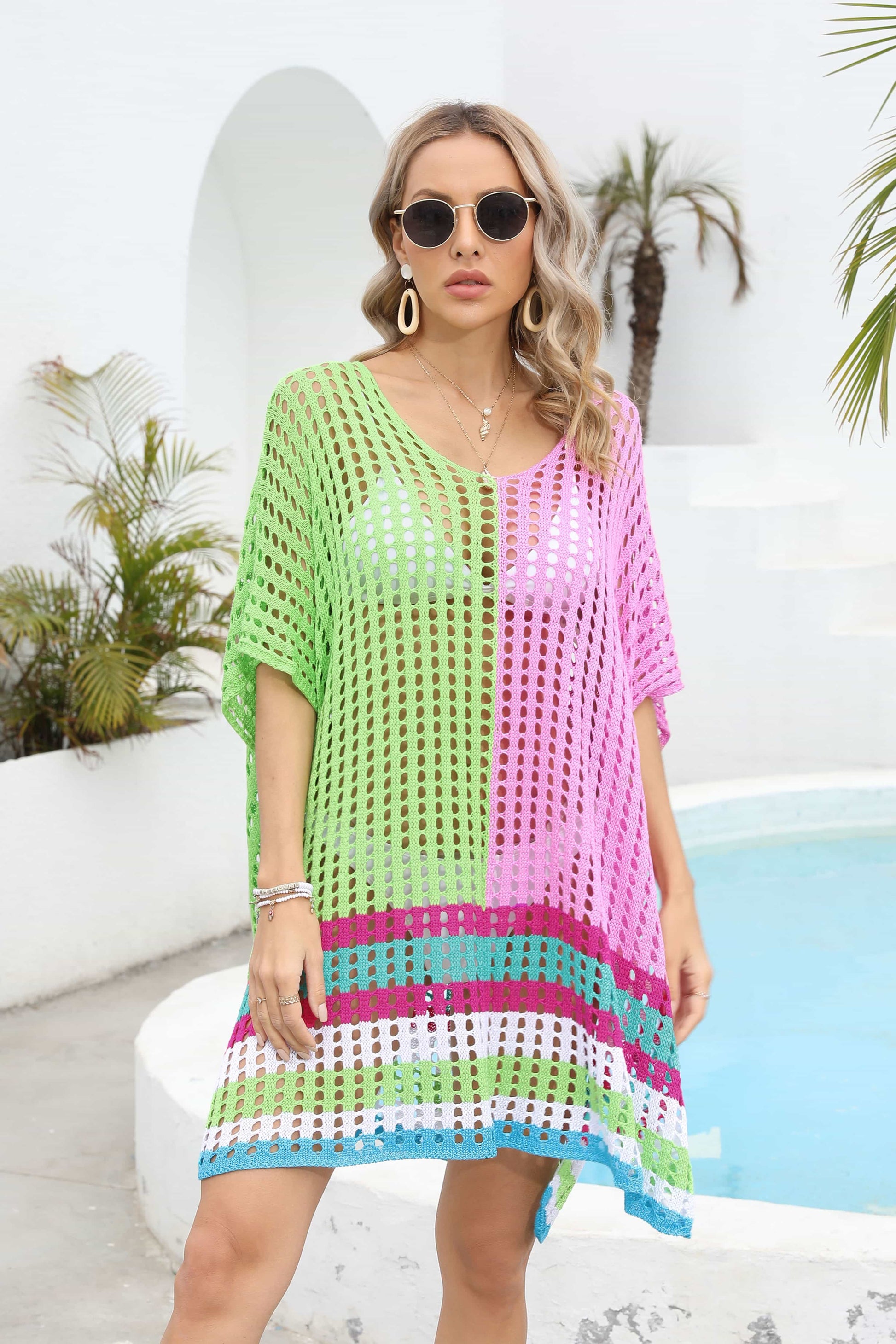 Contrast Scoop Neck Openwork Half Sleeve Cover Up – product image 1