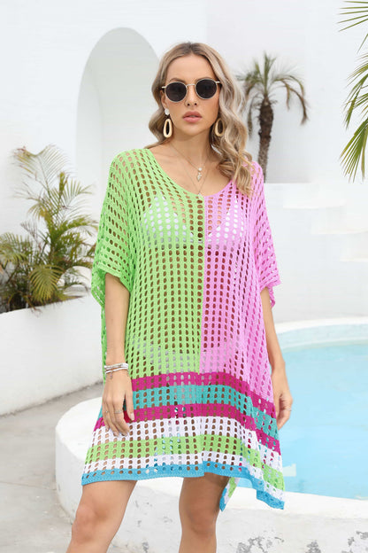 Contrast Scoop Neck Openwork Half Sleeve Cover Up – product image 1