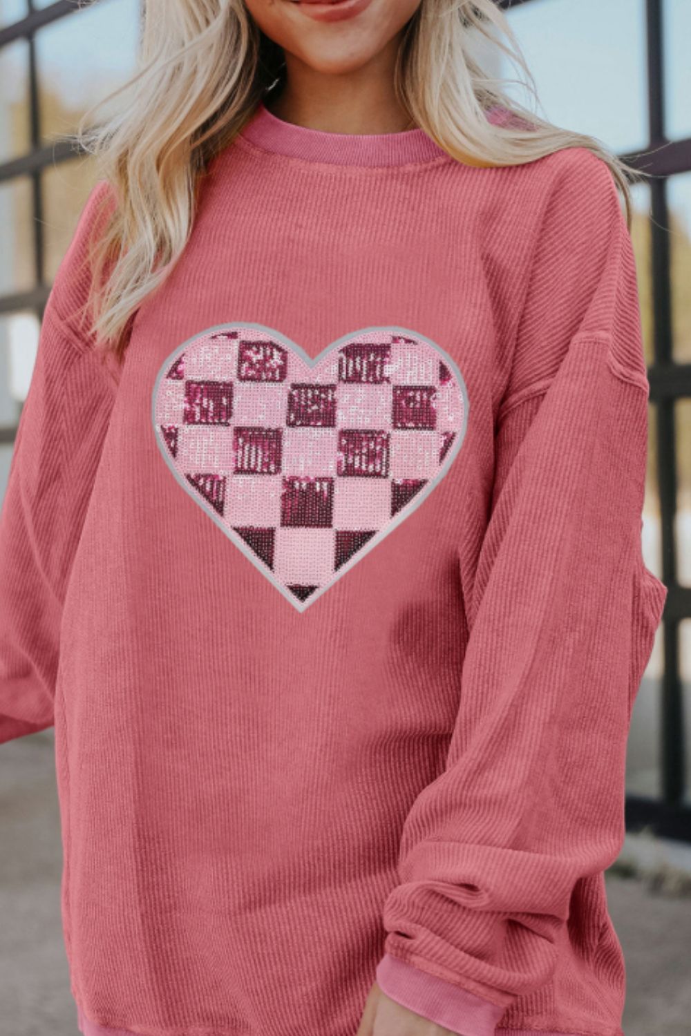Valentine’s Day Sequin Checkered Heart Long Sleeve Sweatshirt – product image 5