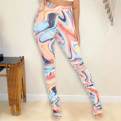 High Waist Irregular Printed Skinny Pants for Women
