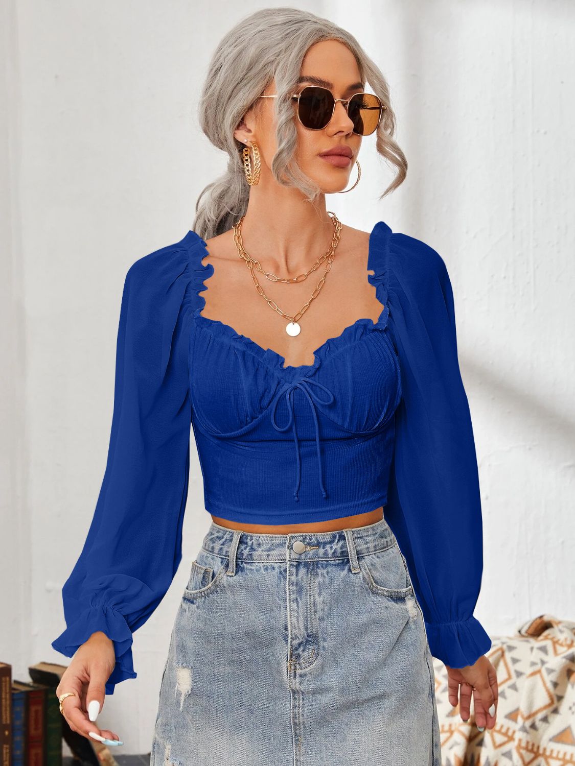 Mesh Sweetheart Neck Flounce Sleeve Top – product image 10