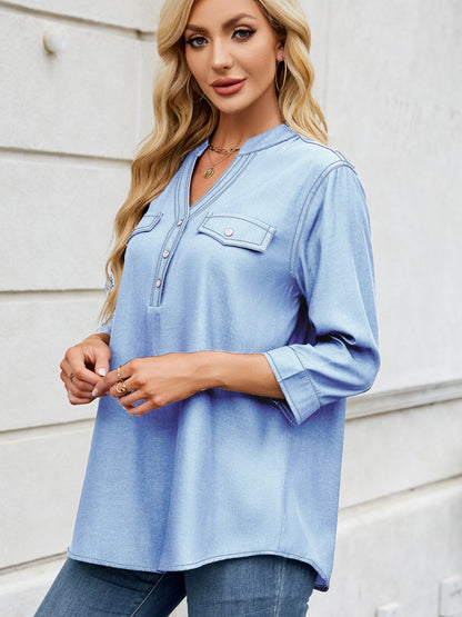 Notched Three-Quarter Sleeve Denim Top – product image 4