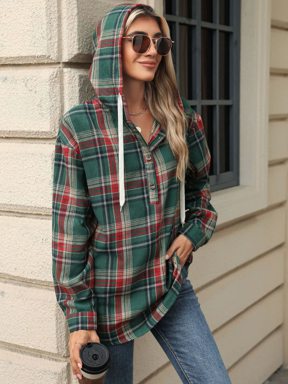 Drawstring Plaid Hooded Long Sleeve Top – product image 2