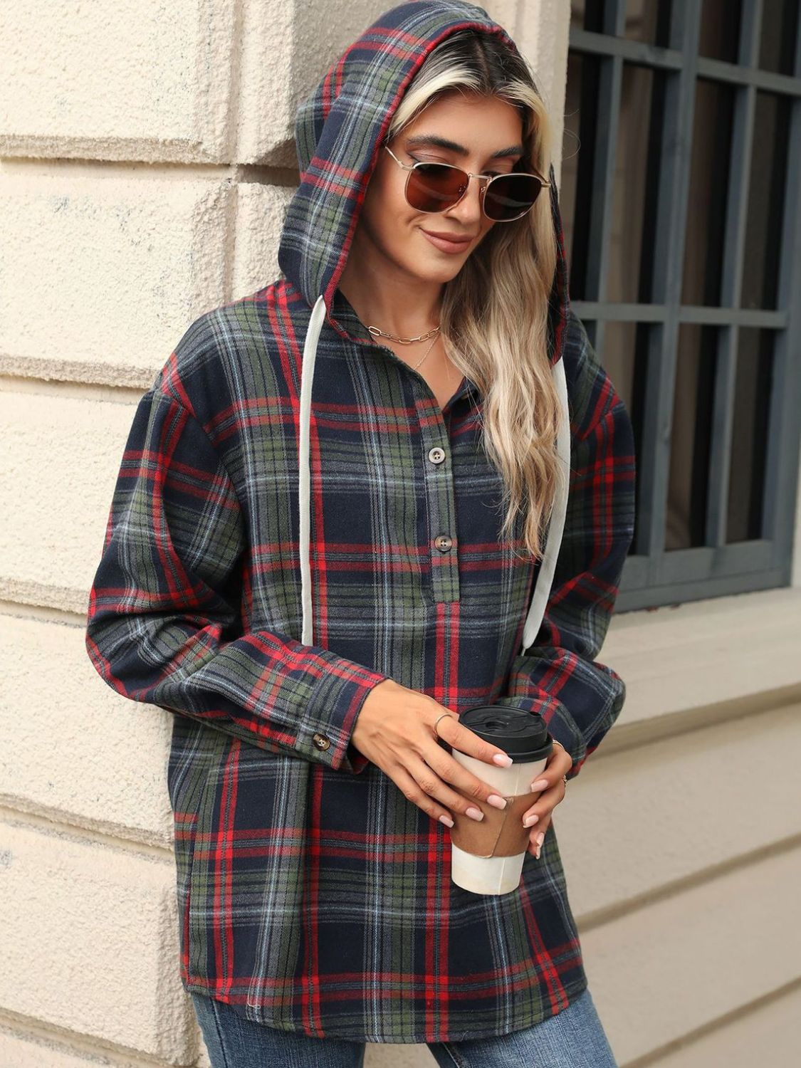 Drawstring Plaid Hooded Long Sleeve Top – product image 7