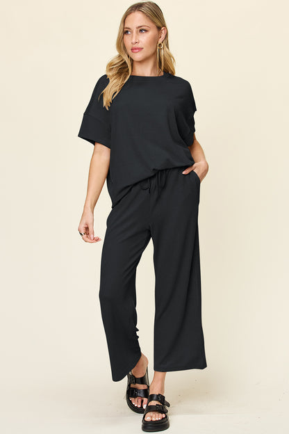 Double Take Full Size Texture Round Neck Short Sleeve T-Shirt and Wide Leg Pants – product image 21