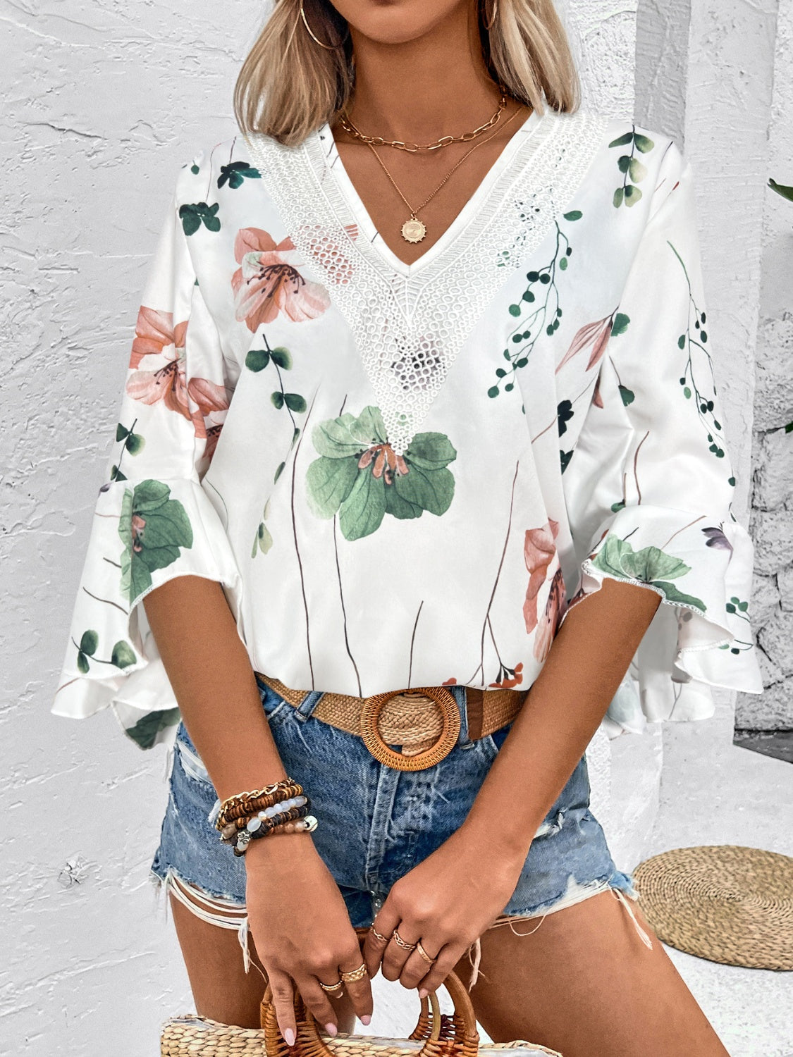 Ruffled Printed V-Neck Half Sleeve Blouse – product image 6