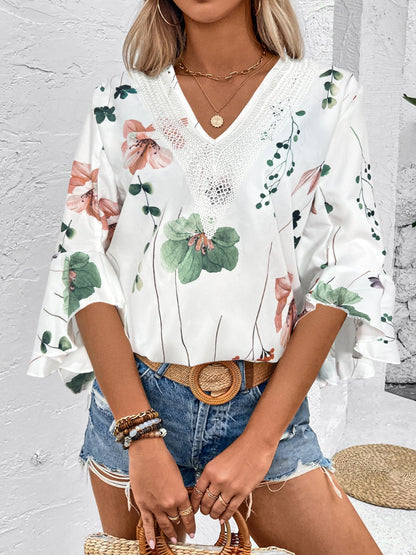 Ruffled Printed V-Neck Half Sleeve Blouse – product image 6