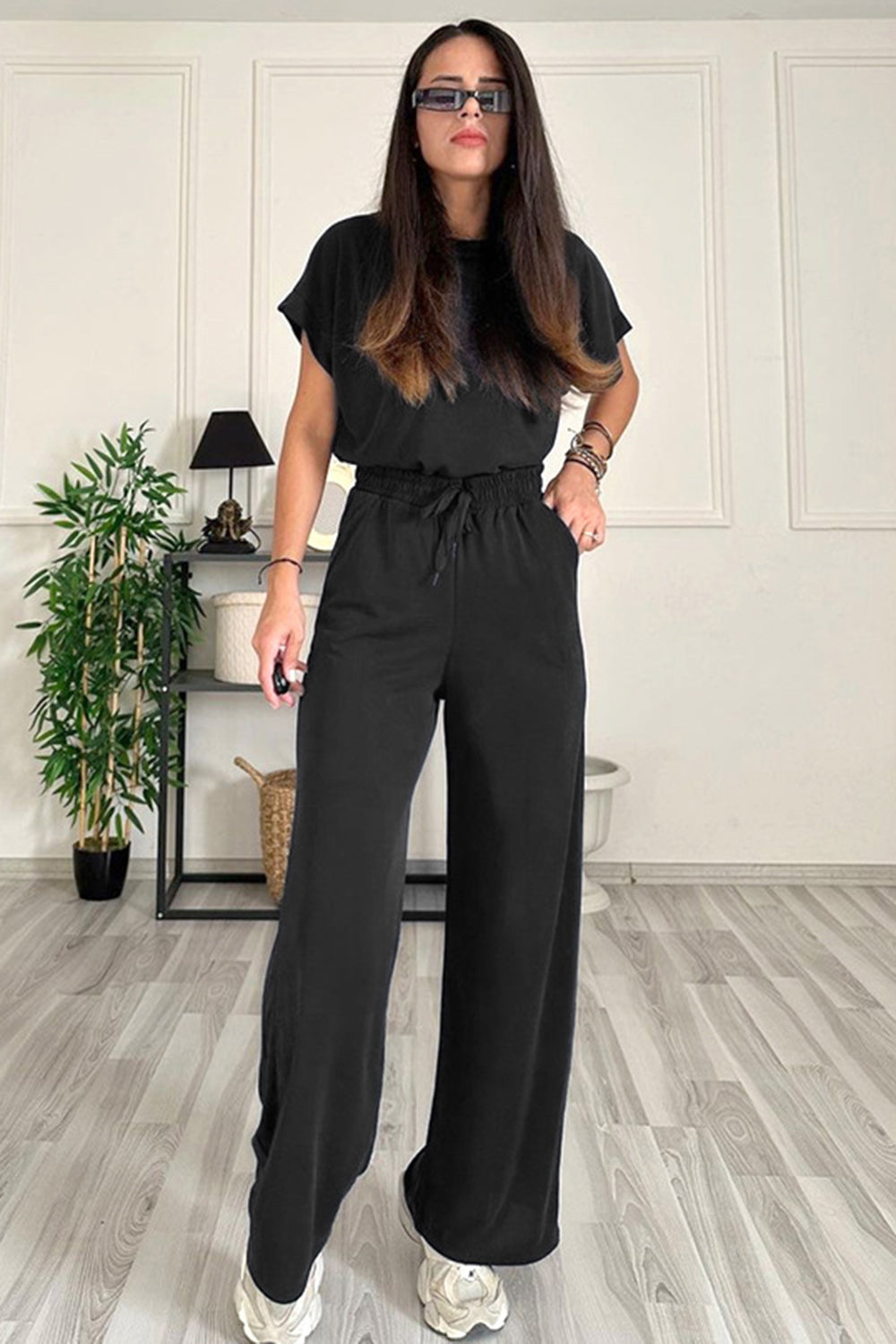 Round Neck Short Sleeve Top and Drawstring Pants Set – product image 1