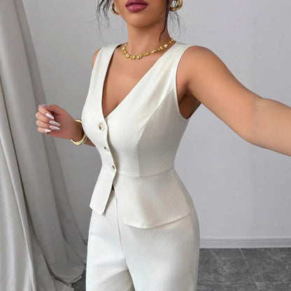 Summer Sleeveless Suit Slim V-neck Vest And High Waist Trousers Women's Two-piece Set