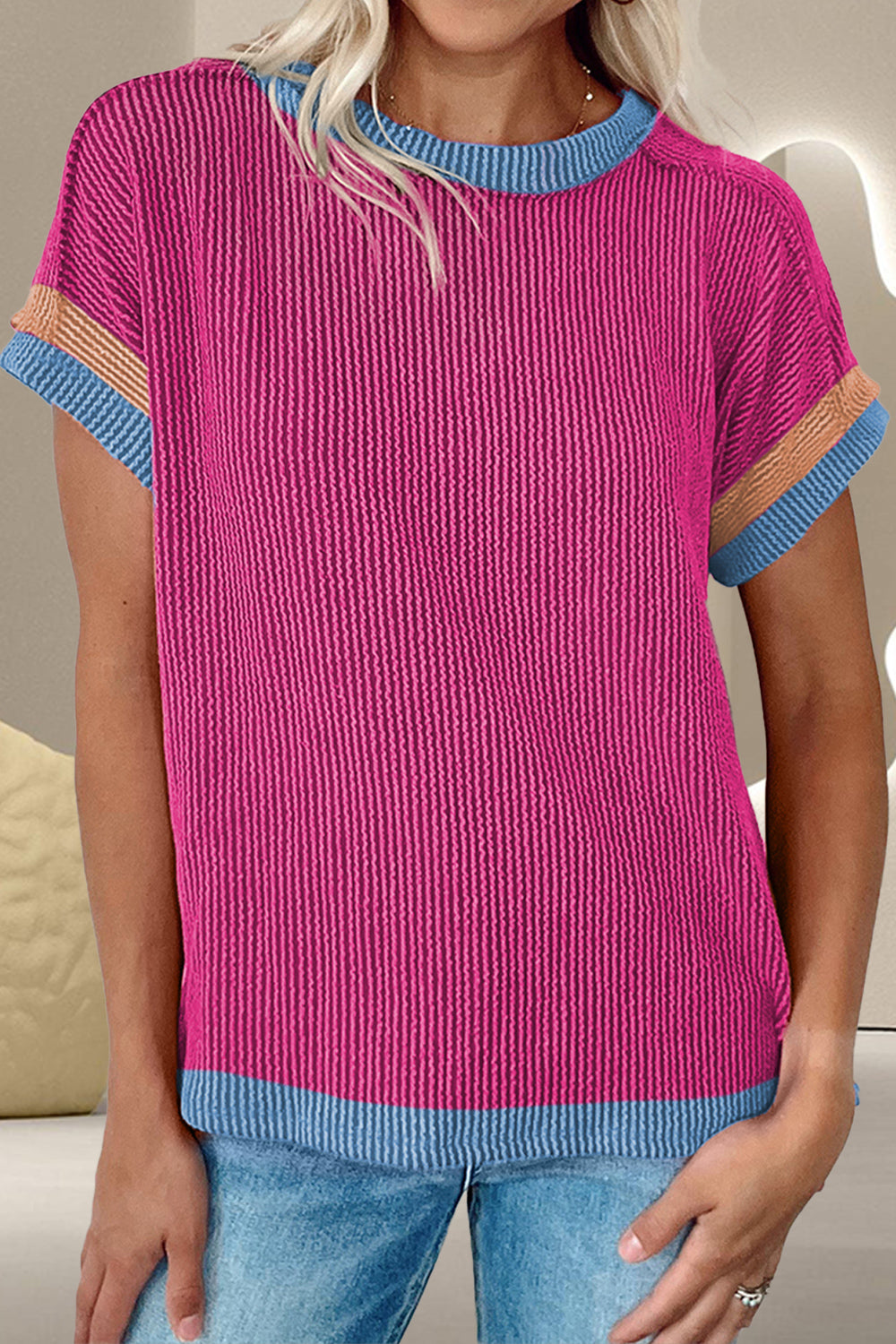 Color Block Round Neck Cap Sleeve T-Shirt – product image 7