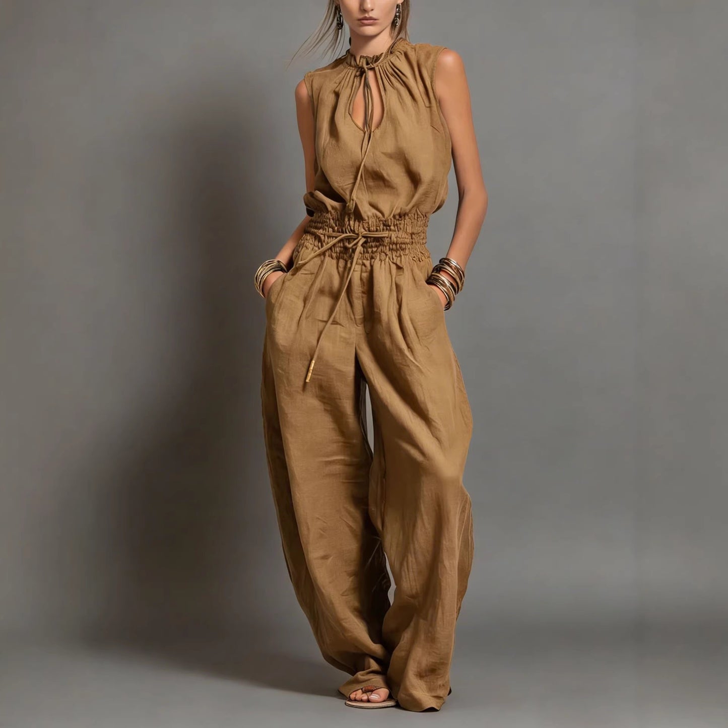 Personalized Street-style Loose-fitting Sleeveless Waist-cinching Wide-leg Jumpsuit