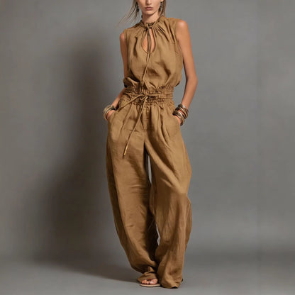 Personalized Street-style Loose-fitting Sleeveless Waist-cinching Wide-leg Jumpsuit