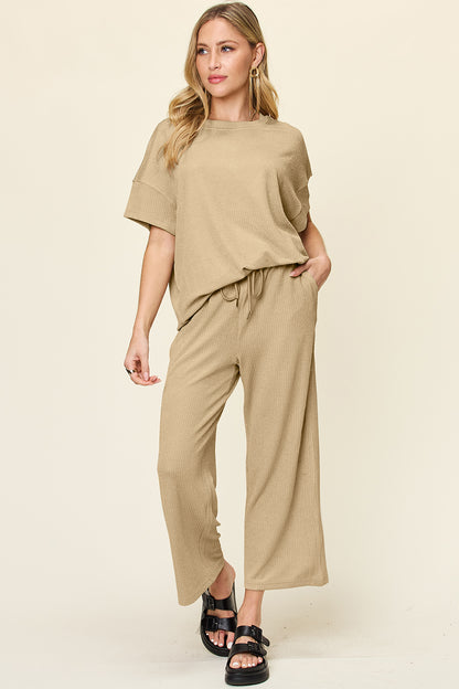 Double Take Full Size Texture Round Neck Short Sleeve T-Shirt and Wide Leg Pants – product image 33