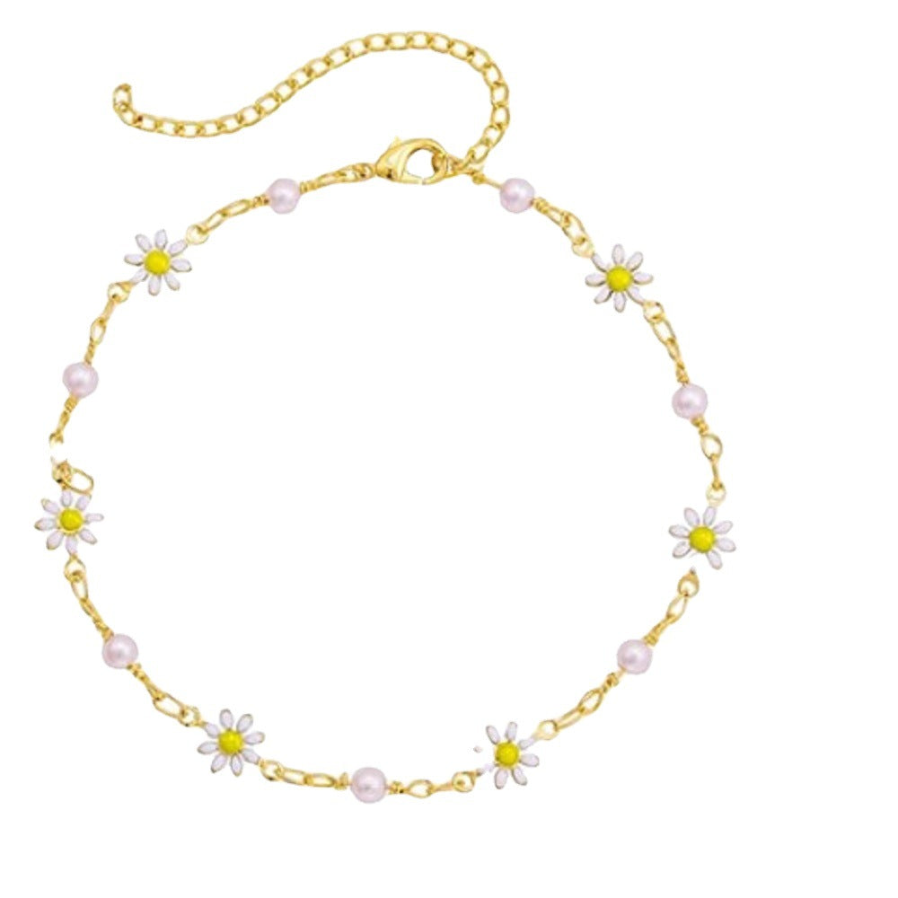Fashion Foot Ornaments Summer Beach Daisy Pearl Anklet For Women