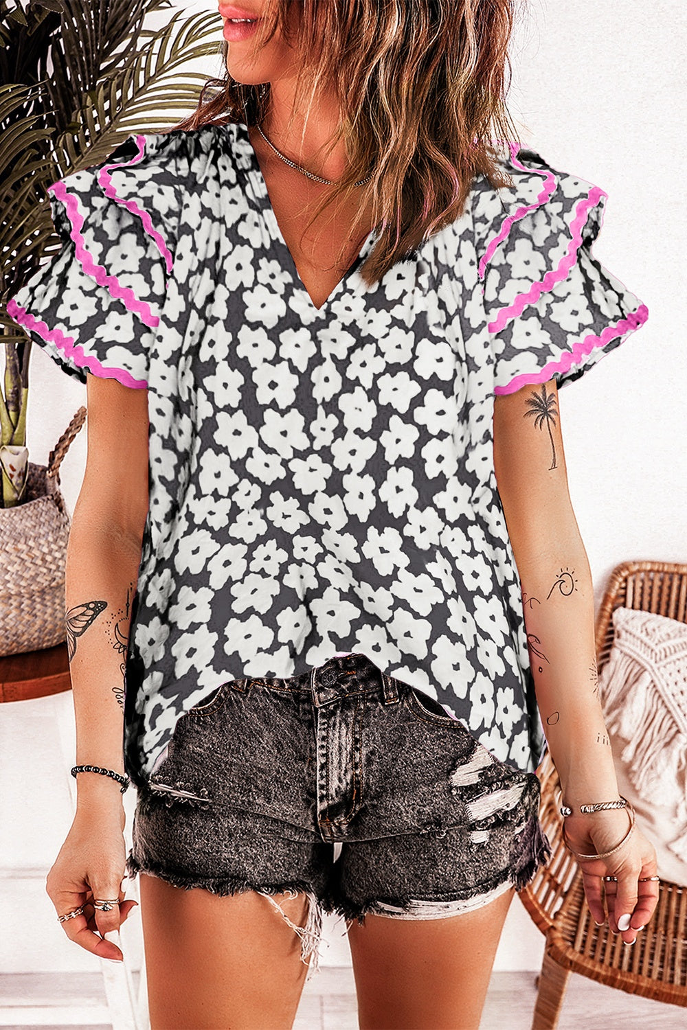 Printed V-Neck Flounce Sleeve Blouse – product image 1