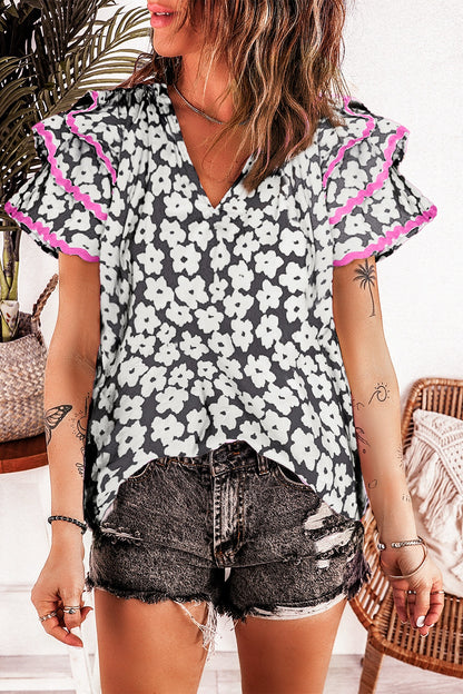 Printed V-Neck Flounce Sleeve Blouse – product image 1