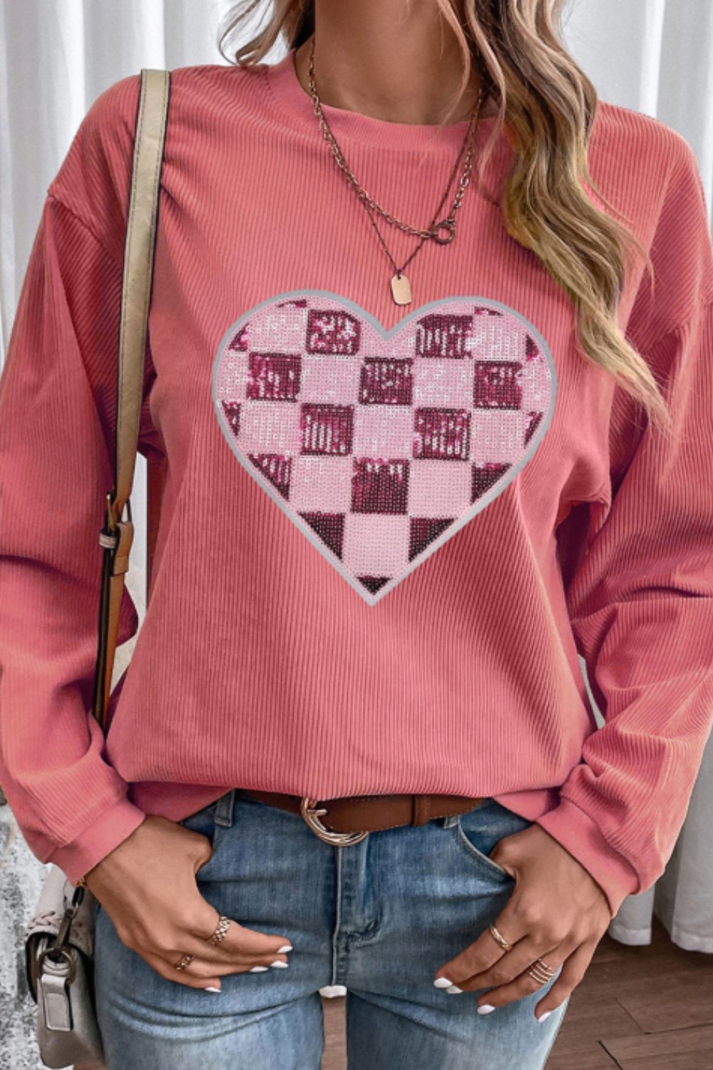 Valentine’s Day Sequin Checkered Heart Long Sleeve Sweatshirt – product image 3