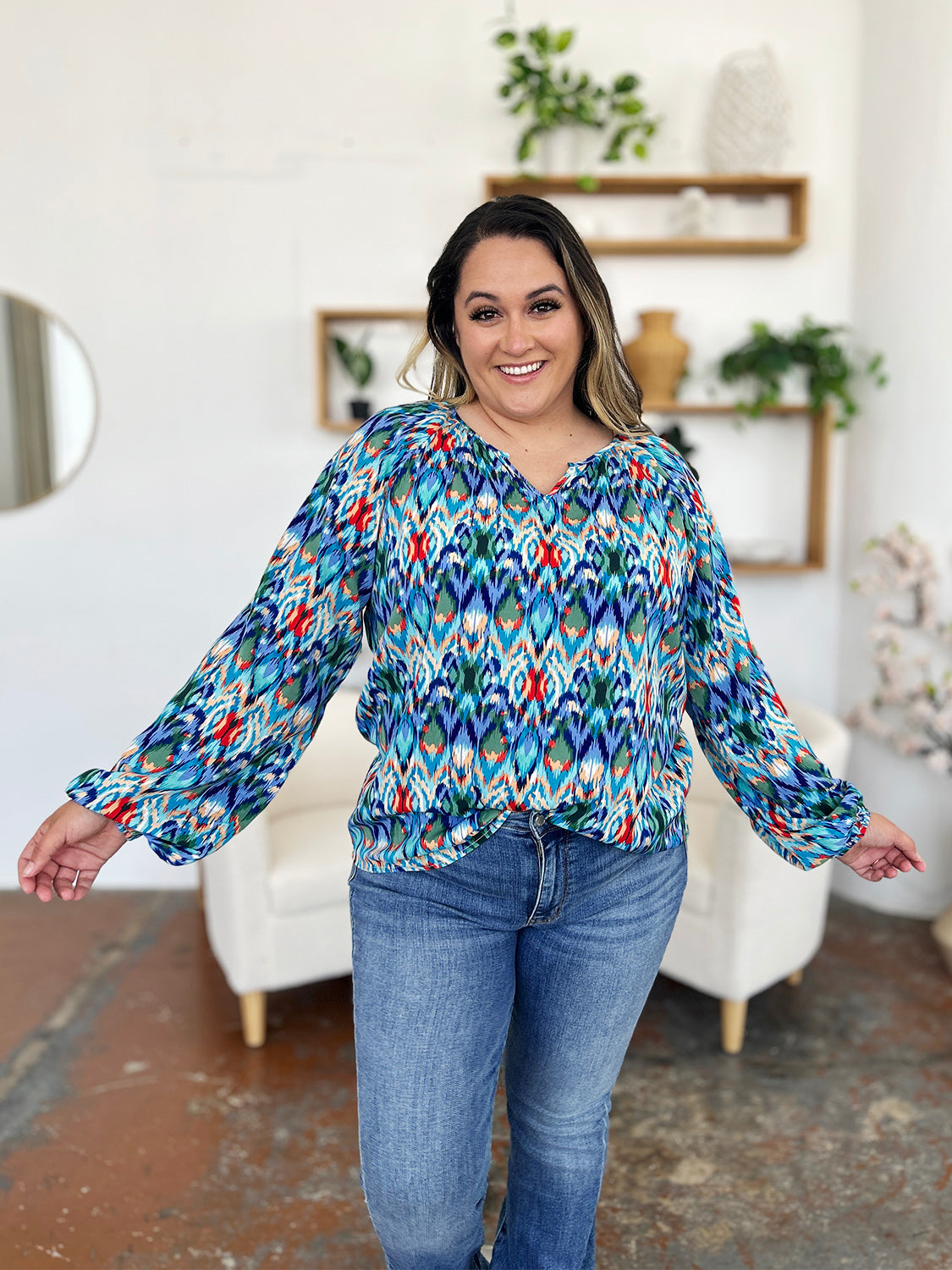 Double Take Full Size Printed Balloon Sleeve Blouse – product image 1