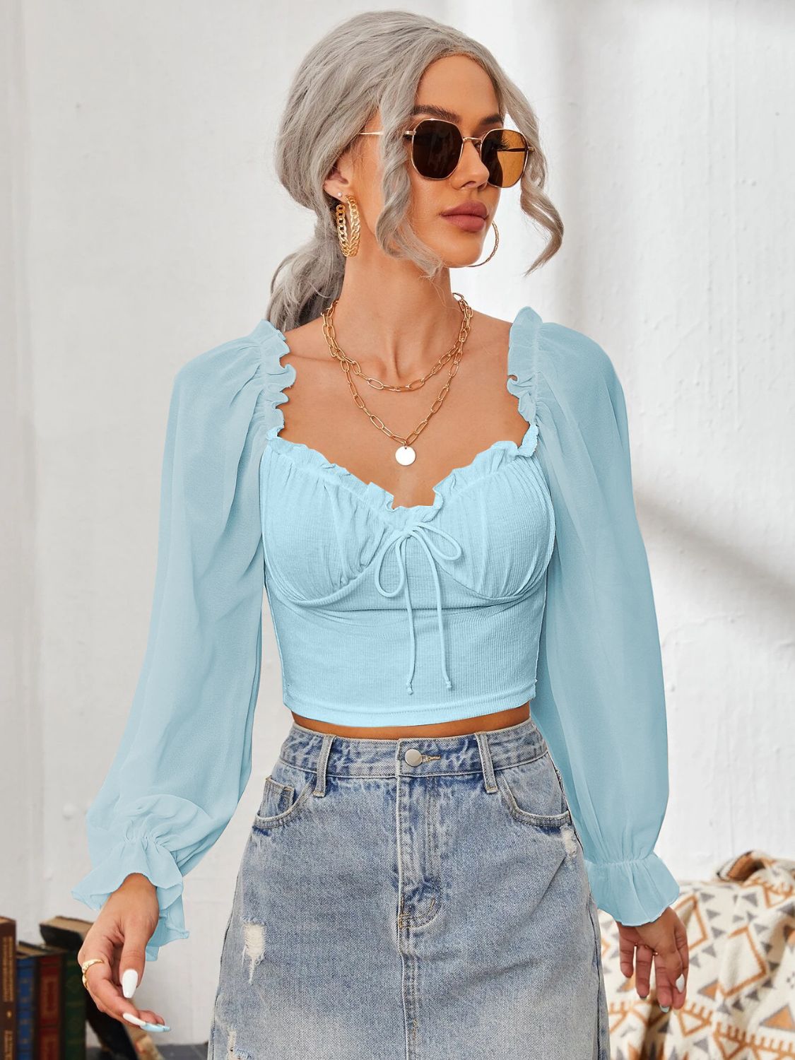 Mesh Sweetheart Neck Flounce Sleeve Top – product image 5