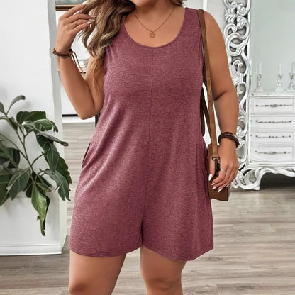 Solid-color Sleeveless Jumpsuit Casual Pocketed Crew-neck Romper