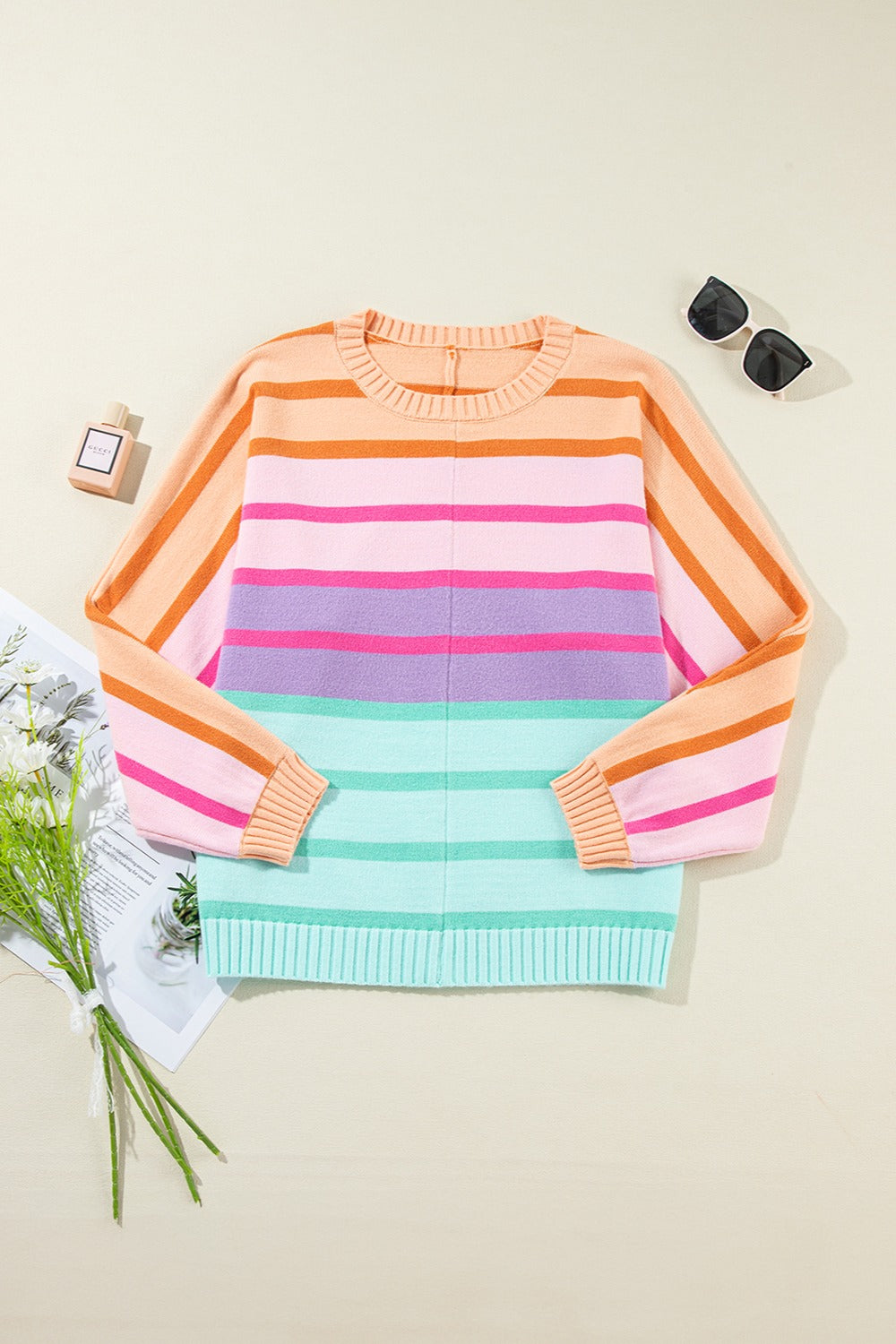 Contrast Striped Round Neck Long Sleeve Knit Top – product image 2