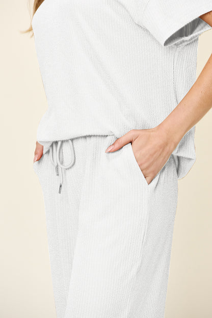 Double Take Full Size Texture Round Neck Short Sleeve T-Shirt and Wide Leg Pants – product image 32