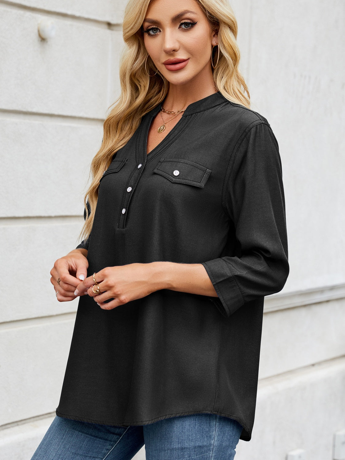 Notched Three-Quarter Sleeve Denim Top – product image 2