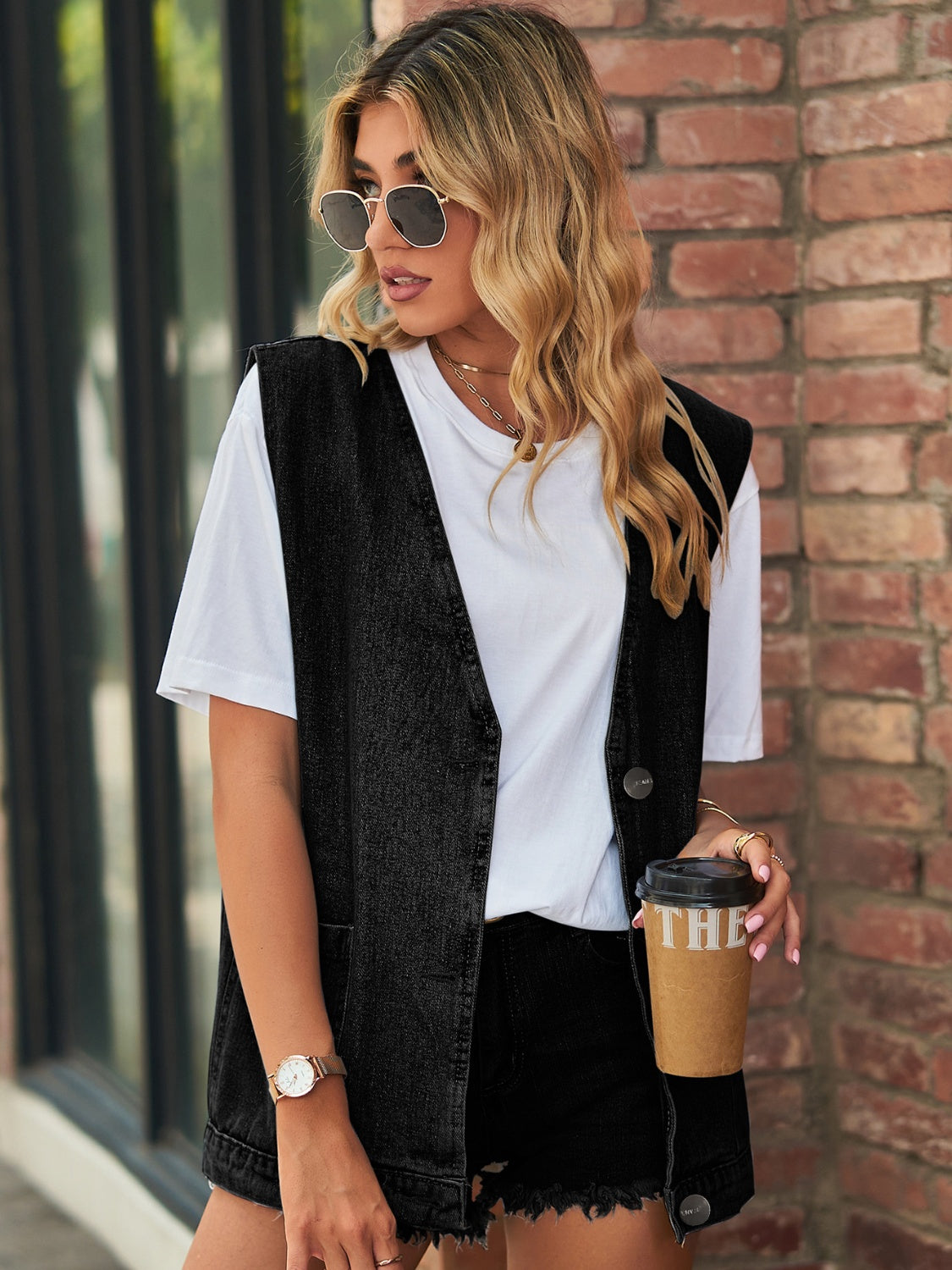 Full Size V-Neck Button Up Denim Vest – product image 6